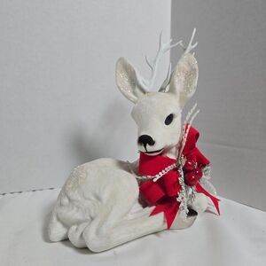 Vintage White Fuzzy Baby Reindeer Decorated Christmas Kitsch Retro Sparkles Bow